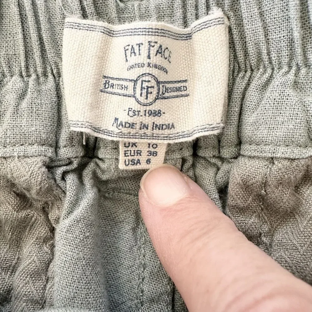 FatFace Linen Blend Shorts Womens US 6 Green Pistachio Tie Waist Cuffed Paperbag